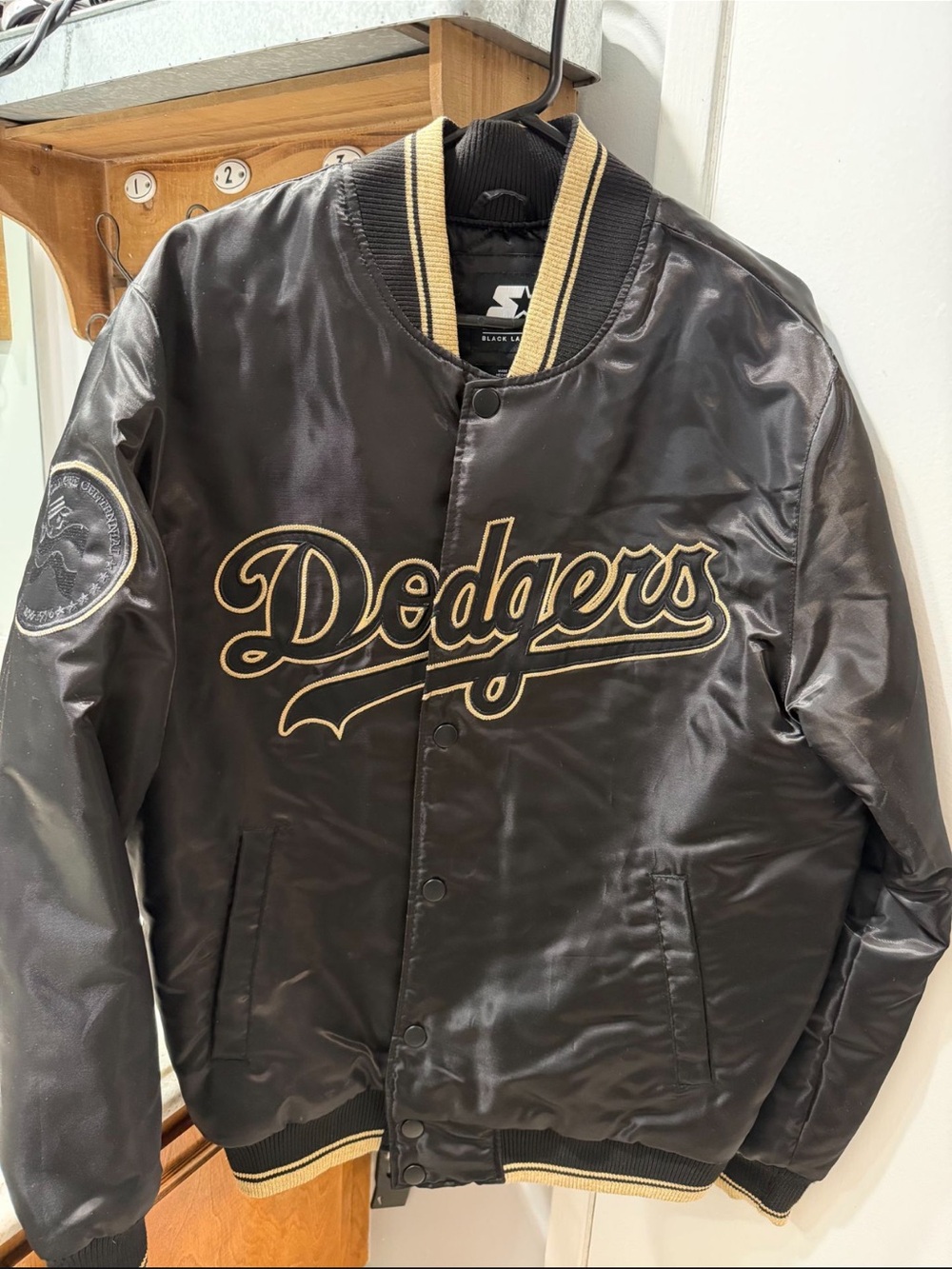 STARTER Dodgers Black Satin Bomber Jacket with Gold Trim